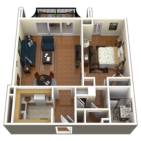 A 3D floor plan of a house with a living room, dining room, kitchen, and two bedrooms.